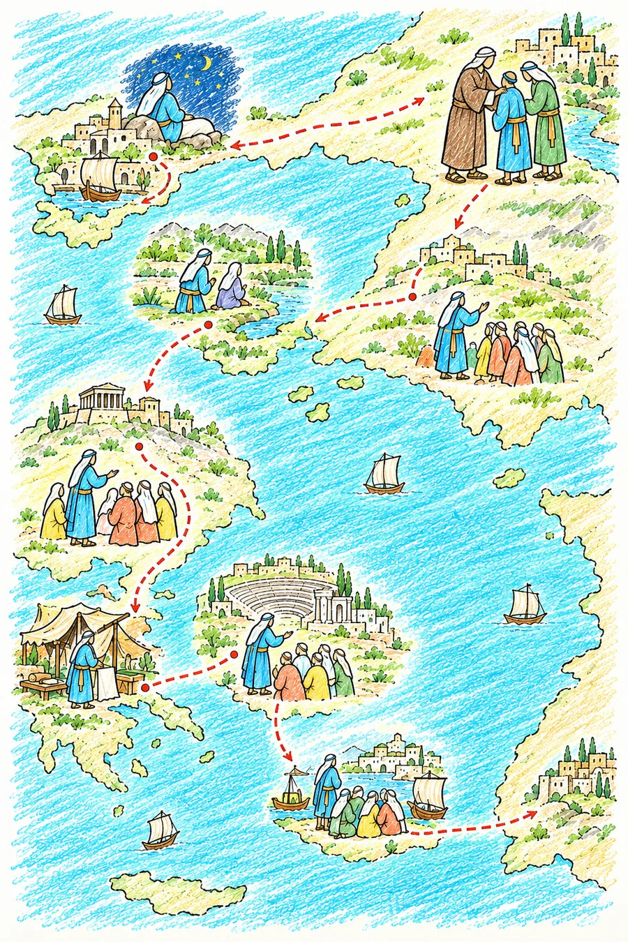 Hand-drawn doodle map of the eastern Mediterranean with a dotted route: leaders laying hands on two men at Antioch, a hill town at Lystra, a man dreaming at Troas, Philippi by a river, temples at Athens, a tent-maker’s stall at Corinth, a theater at Ephesus, and friends kneeling by a ship at Miletus.