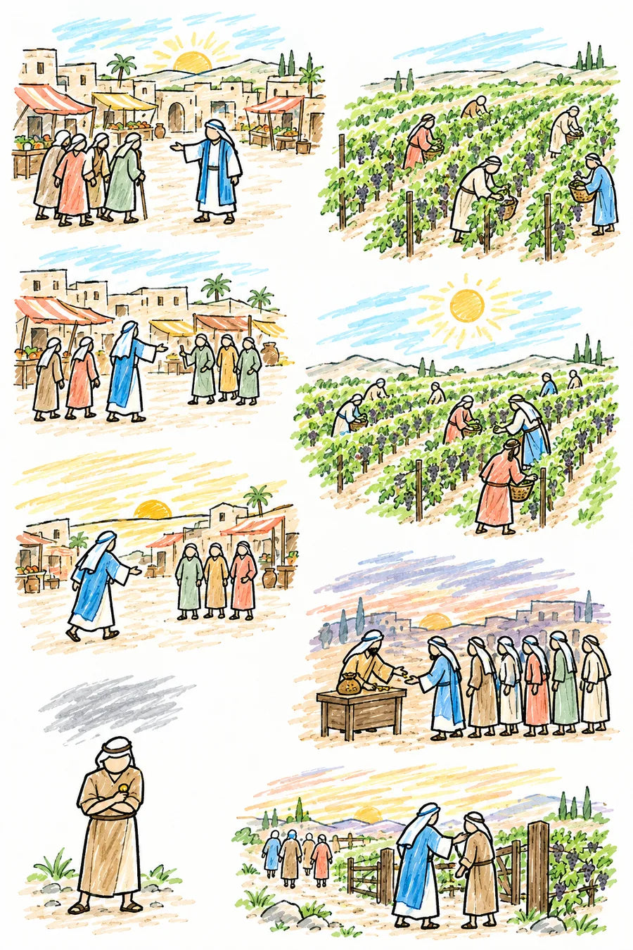 Hand-drawn doodle map of a village marketplace and a green vineyard through a day: the householder hiring workers at sunrise, more workers at mid-morning, noon and afternoon, a few idle workers in late golden light, a steward paying coins at dusk, and the householder speaking gently at the gate.