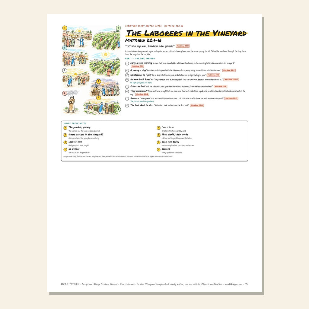 The Laborers in the Vineyard sketch notes cover with a hand-drawn map of a marketplace and vineyard through the day