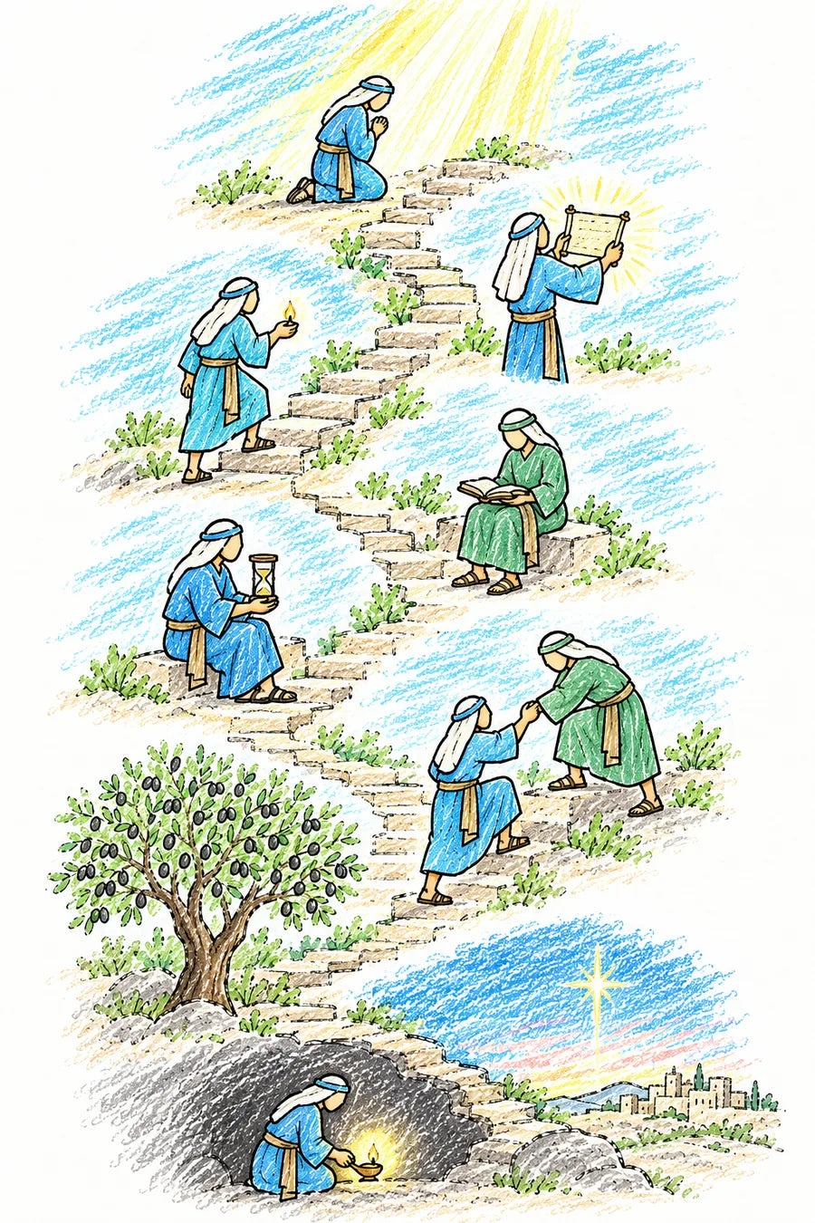 Hand-drawn doodle map of a tall stone staircase: a person kneeling in warm light at the bottom, then holding a glowing scroll, climbing with a small lamp, reading an open book, waiting with an hourglass, two friends helping each other up a step, an olive tree full of fruit beside the stairs, and a small lamp shining in a dark cave as a bright morning star rises.