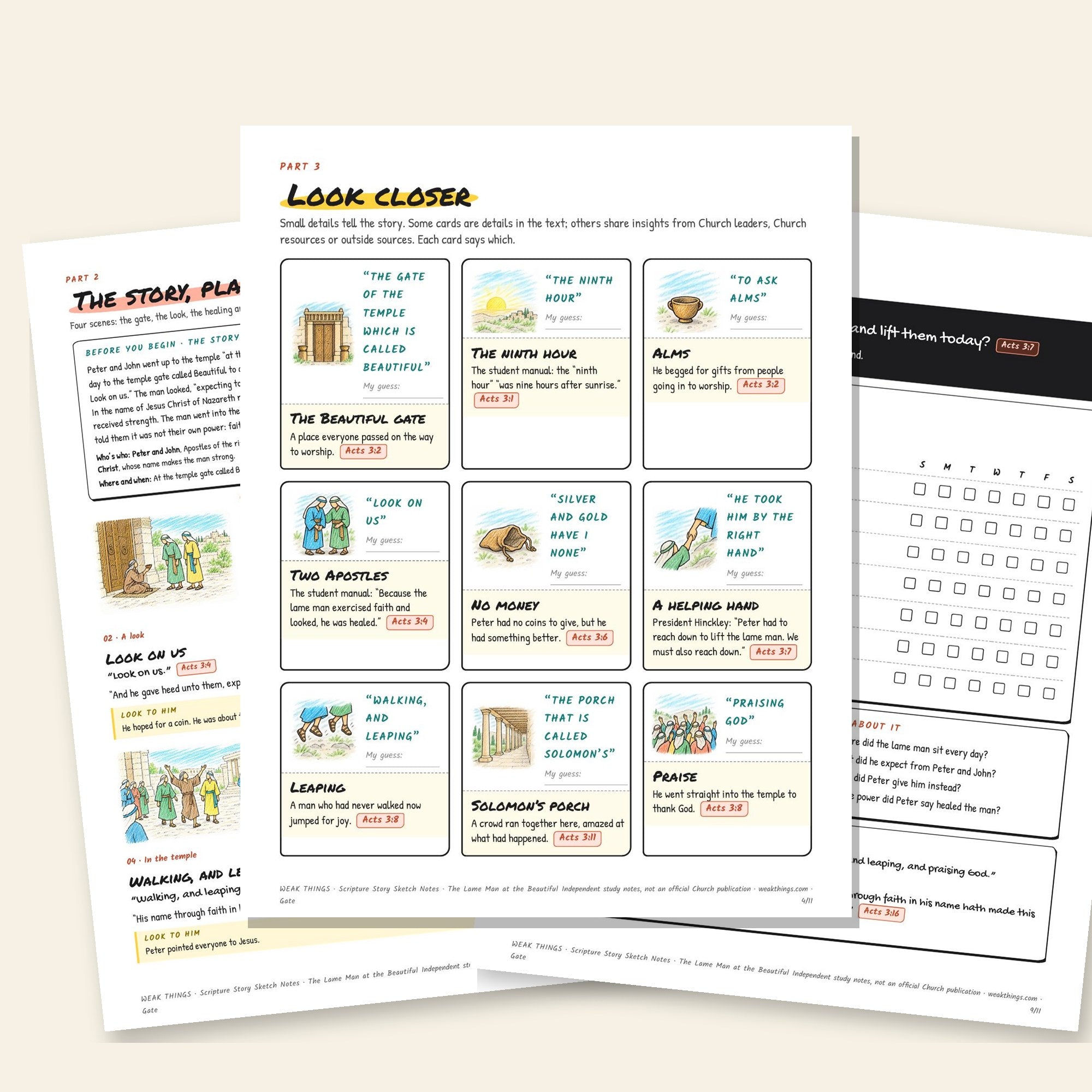 Inside pages of the The Lame Man at the Beautiful Gate printable sketch notes