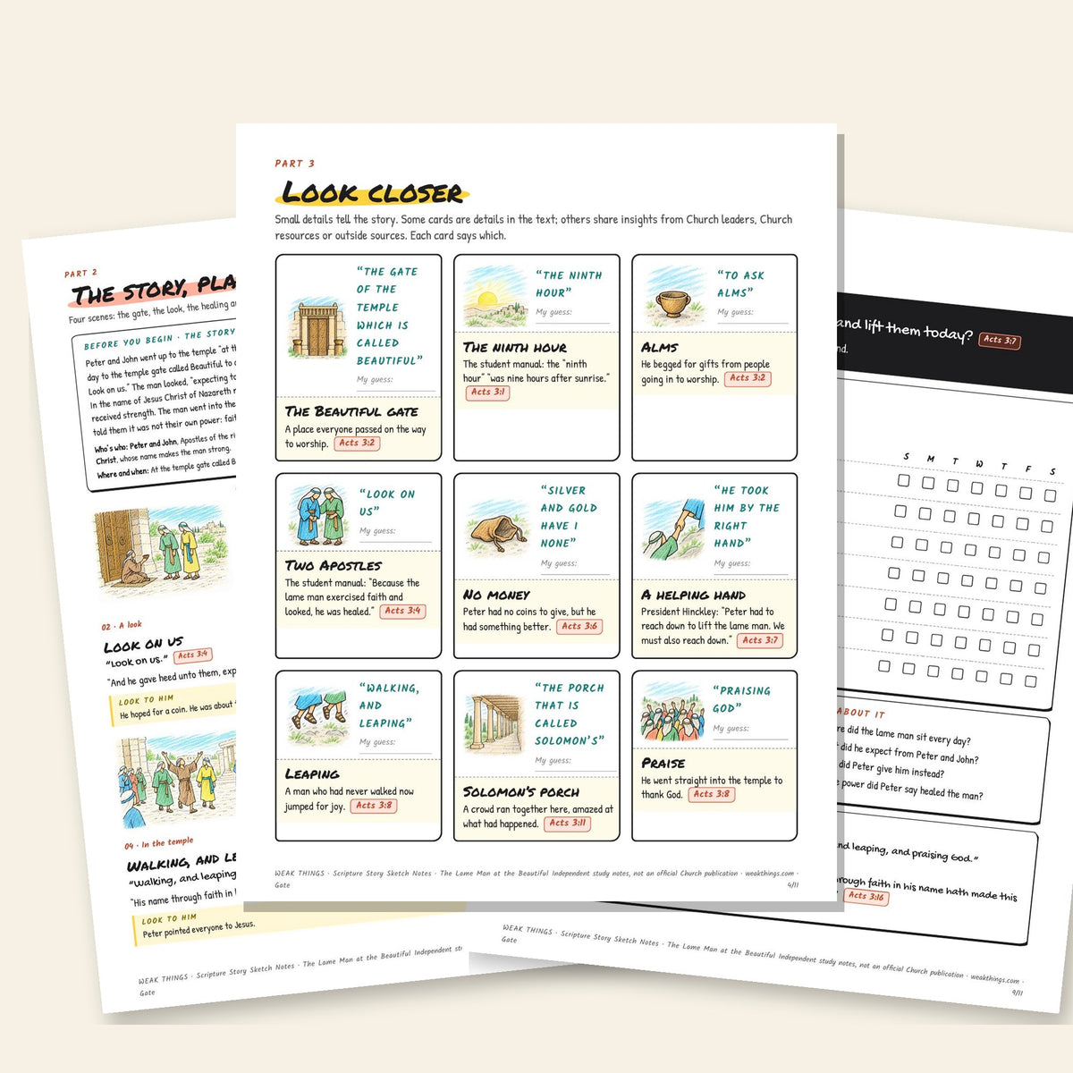 Three inside pages: the story, the detail cards and the seven-day tracker