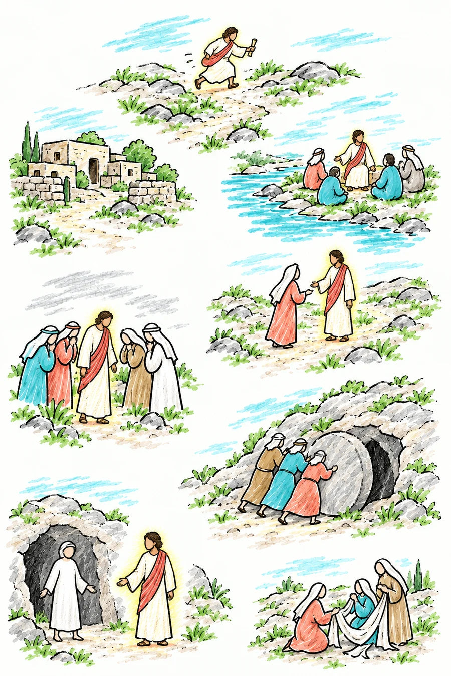 Hand-drawn doodle map of hills to the village of Bethany: a messenger running with news, a figure of soft light waiting by a river with disciples, Martha meeting Him on the road, the figure of light weeping with mourners, men rolling a stone from a cave tomb, Lazarus coming out wrapped in white cloth, and friends unwrapping him.