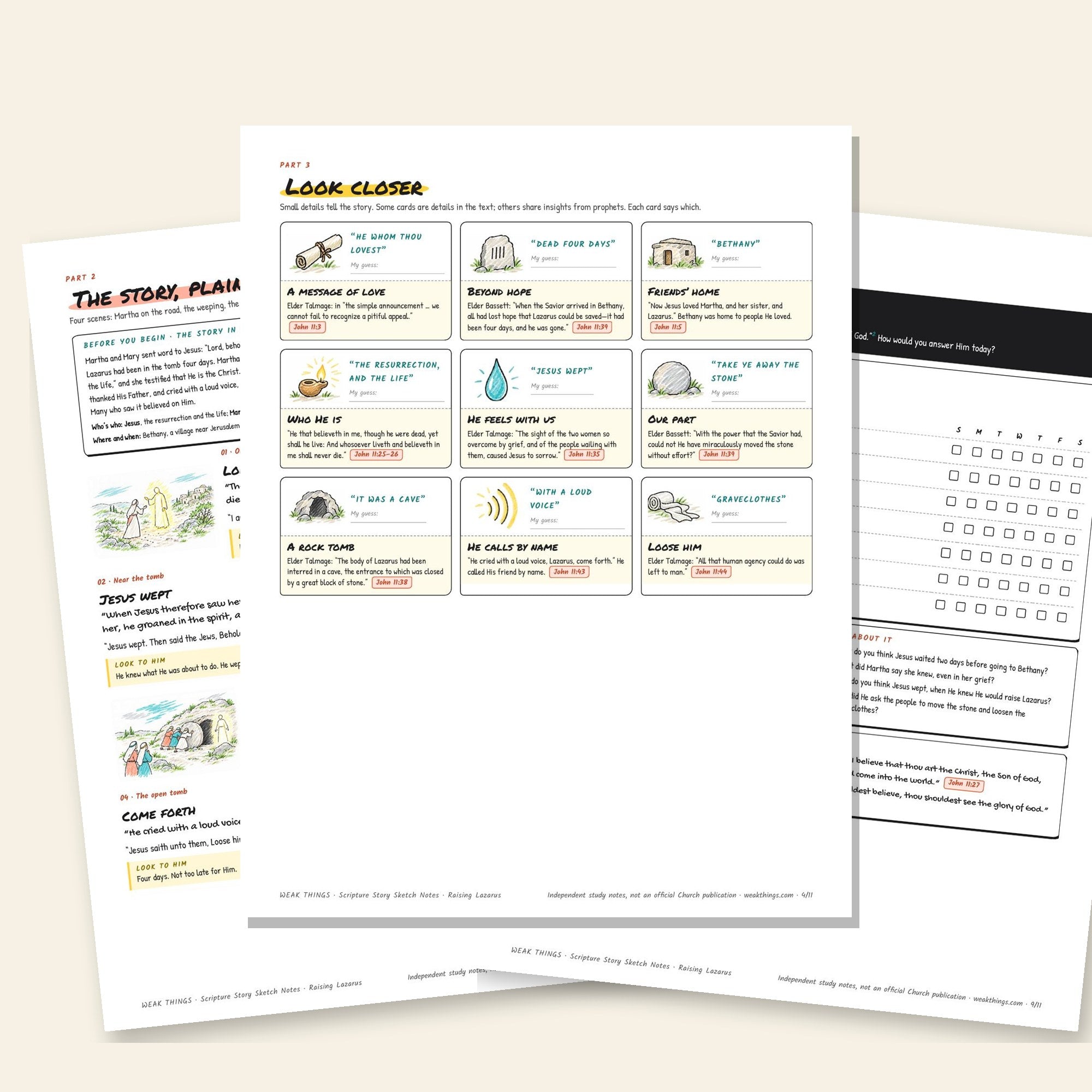 Inside pages of the Raising Lazarus printable sketch notes