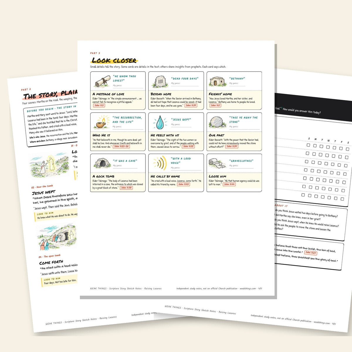 Three inside pages: the story, the detail cards and the seven-day tracker