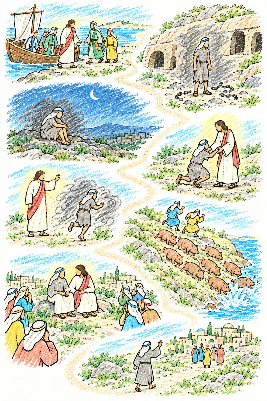 Hand-drawn doodle map of a winding path: a boat landing on a rocky shore with Jesus and disciples, a man in a gray tunic among tomb caves with broken chains, the man alone on a dark hilltop at night, the man kneeling before Jesus, Jesus speaking as a gray scribble leaves, pigs running down a hill into the lake, the man sitting clothed beside Jesus, and the man walking toward hill towns.