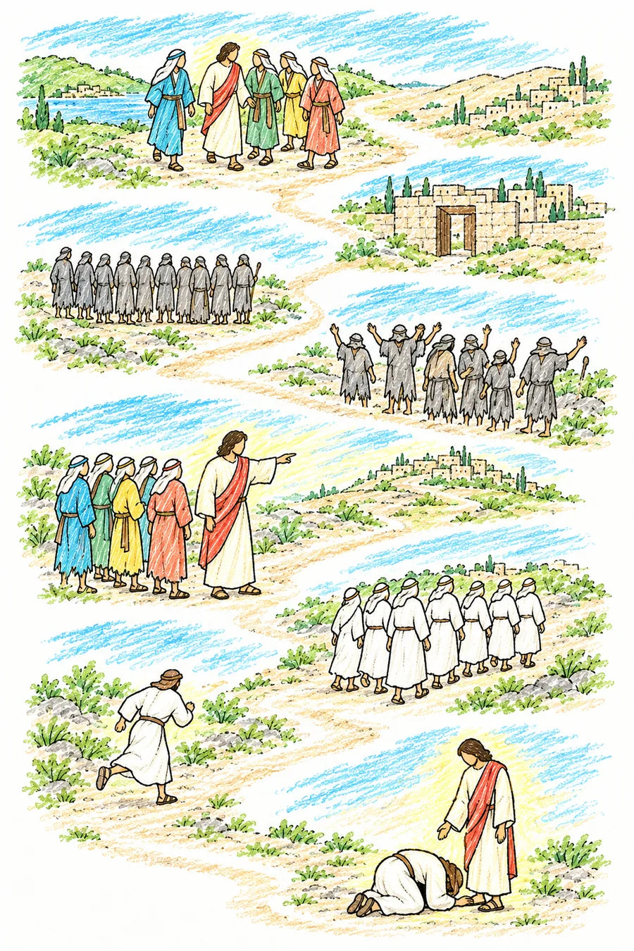 Hand-drawn doodle map of a winding path between Samaria and Galilee: Jesus walking toward a village, ten men in ragged robes standing far off, the men calling out with raised hands, the men walking a road and finding their skin clean, one man turning back, the man kneeling at the feet of Jesus, nine small figures hurrying away, and Jesus helping the thankful man to his feet.