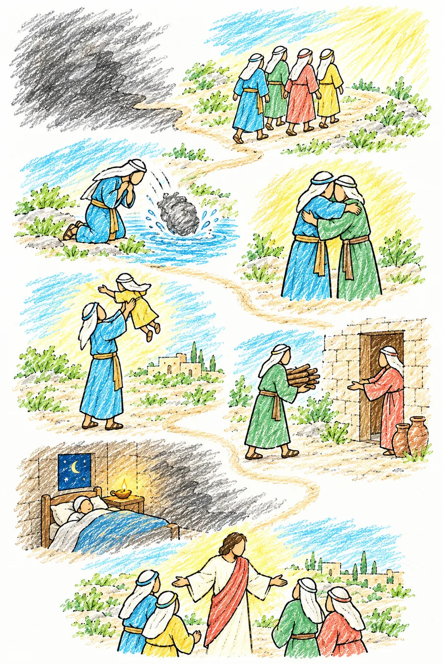 Hand-drawn doodle map of a winding path: a road leading out of gray scribbled shadows into sunlight, people walking together, a person kneeling as a heavy gray bundle falls into clear water, two brothers embracing, a father lifting a small child, a person carrying firewood to a neighbor’s door, a child in bed with a lamp as shadows shrink, and Jesus welcoming people with open arms.