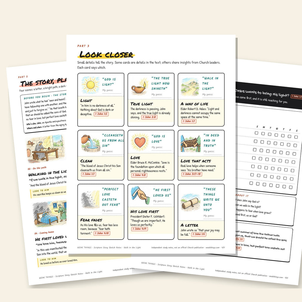Three inside pages: the story, the detail cards and the seven-day tracker