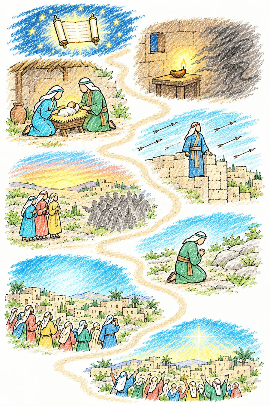 Hand-drawn doodle map of a winding path: a glowing scroll among stars, a small candle shining in gray darkness, Mary and Joseph beside the manger, Samuel preaching on a city wall as arrows miss him, believers waiting while a gray crowd mocks, Nephi praying alone on a hill, a village of people in a night bright as day, and a brilliant new star rising over the village.
