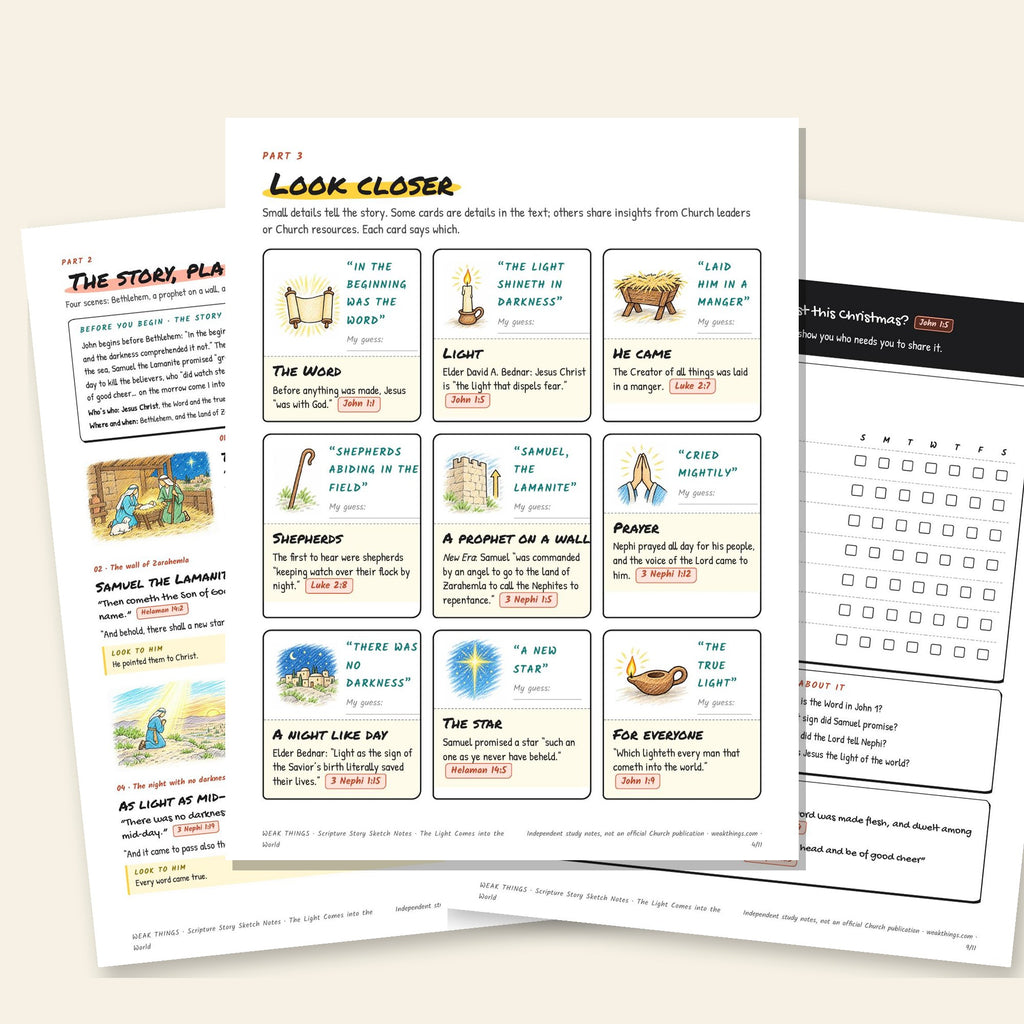 Three inside pages: the story, the detail cards and the seven-day tracker