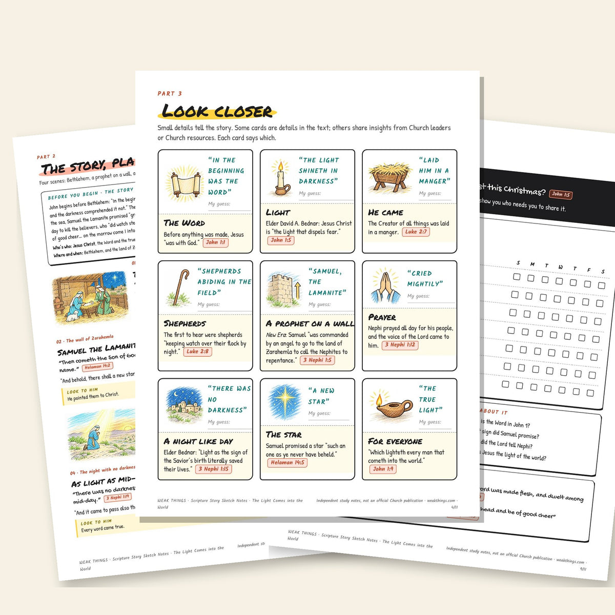 Three inside pages: the story, the detail cards and the seven-day tracker