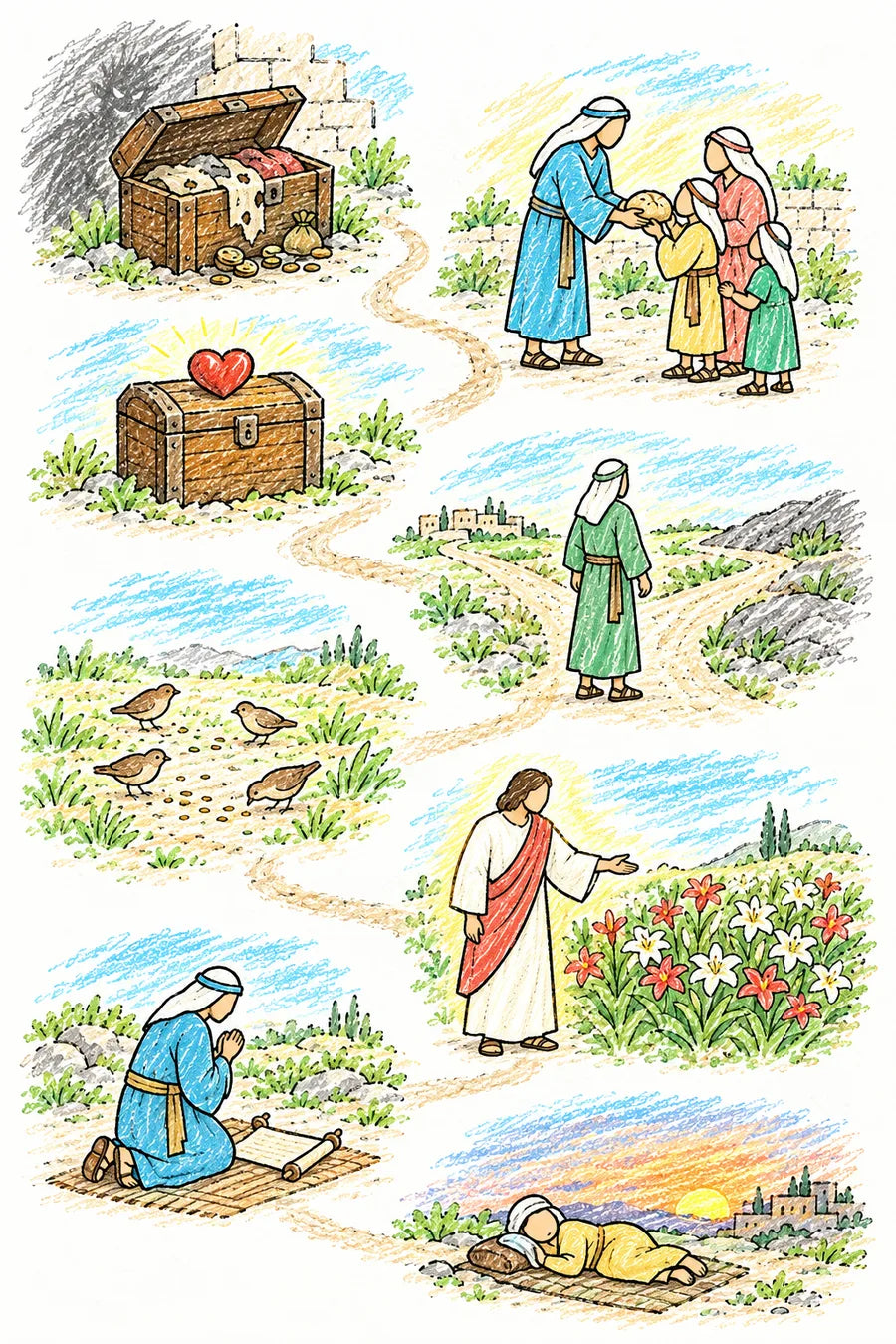 Hand-drawn doodle map of a winding path: a treasure chest of fine cloth and coins under a gray scribble shadow, a man handing bread to a family, a treasure chest with a glowing heart, a man at a fork in the road, small birds pecking seeds, Jesus gesturing toward a field of lilies, a person kneeling beside a scroll, and a person resting peacefully at sunset.