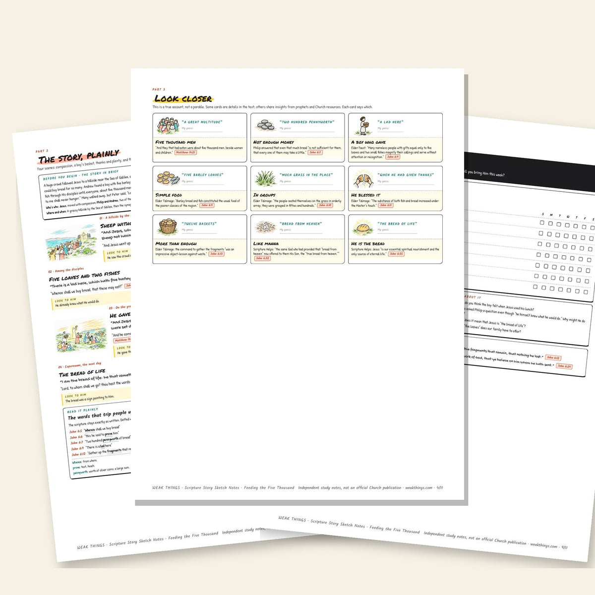 Three inside pages: the story, the detail cards and the seven-day tracker