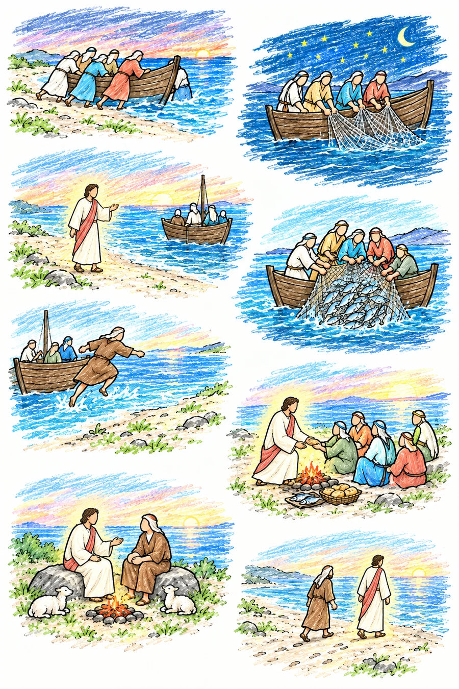 Hand-drawn doodle map of the Sea of Galilee shore: Peter and other faceless disciples pushing a fishing boat out at night; empty nets under the stars; at dawn the risen Savior, shown only as soft glowing light, standing on the shore and calling to them; the net so full of fish they cannot draw it in; Peter jumping into the water to swim to shore; a small fire of coals with fish and bread as the light serves breakfast; the light and Peter sitting together by the fire talking, a few lambs nearby; and the light walking along the beach with Peter following.