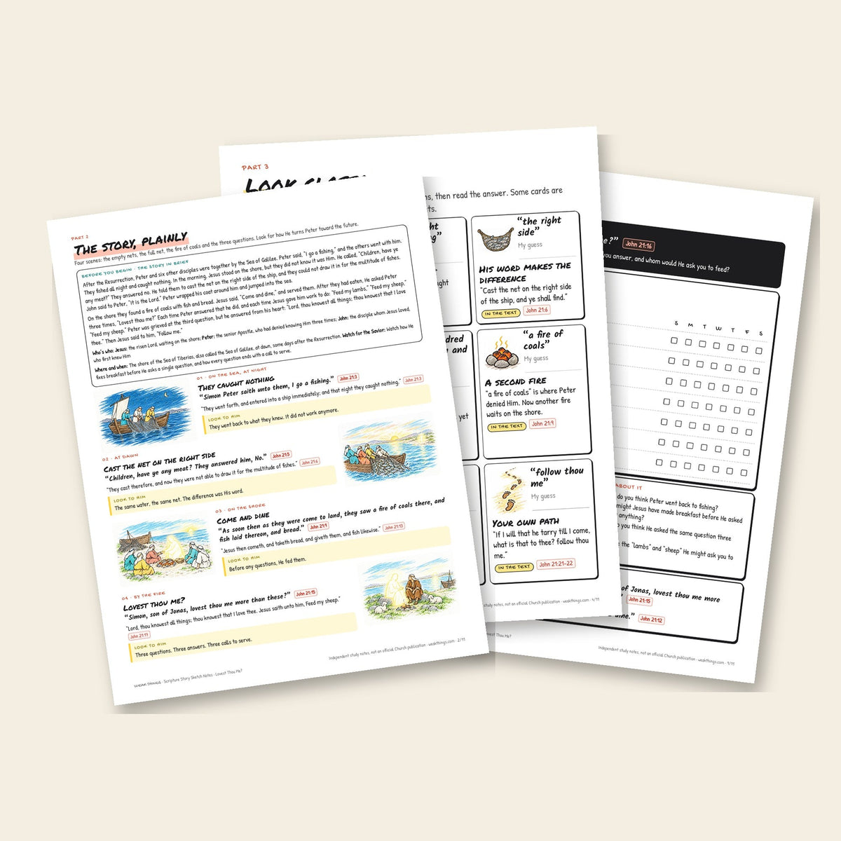 Three inside pages: the story, the detail cards and the seven-day tracker