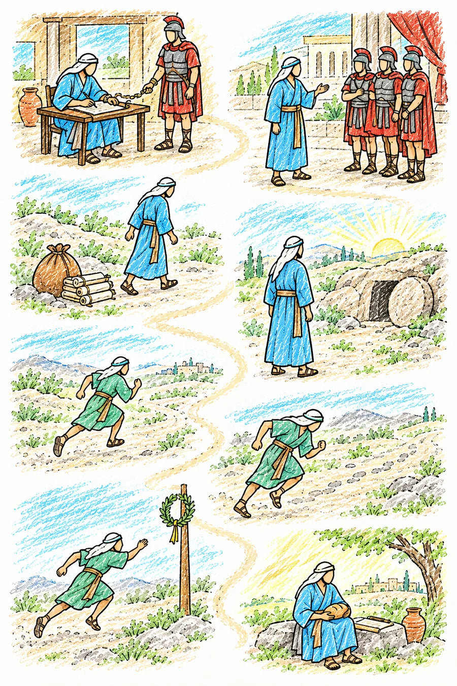 Hand-drawn doodle map: Paul writing in a Roman house with a light chain to a guard, palace guards listening, Paul setting down a heavy sack by the road, an empty tomb at sunrise, a runner far from the end, the runner leaning forward with old footprints fading, a goal post with a laurel wreath, and Paul sitting peacefully with bread and soft light.