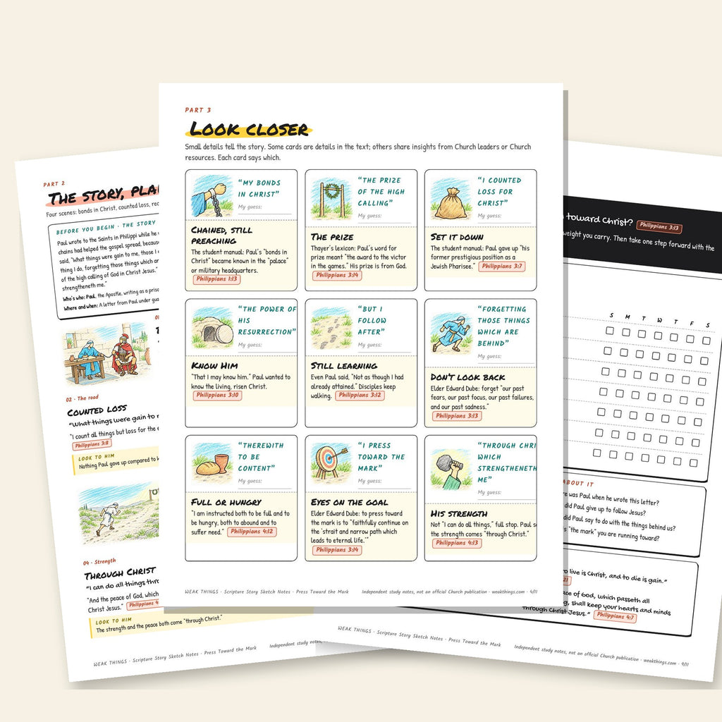 Three inside pages: the story, the detail cards and the seven-day tracker