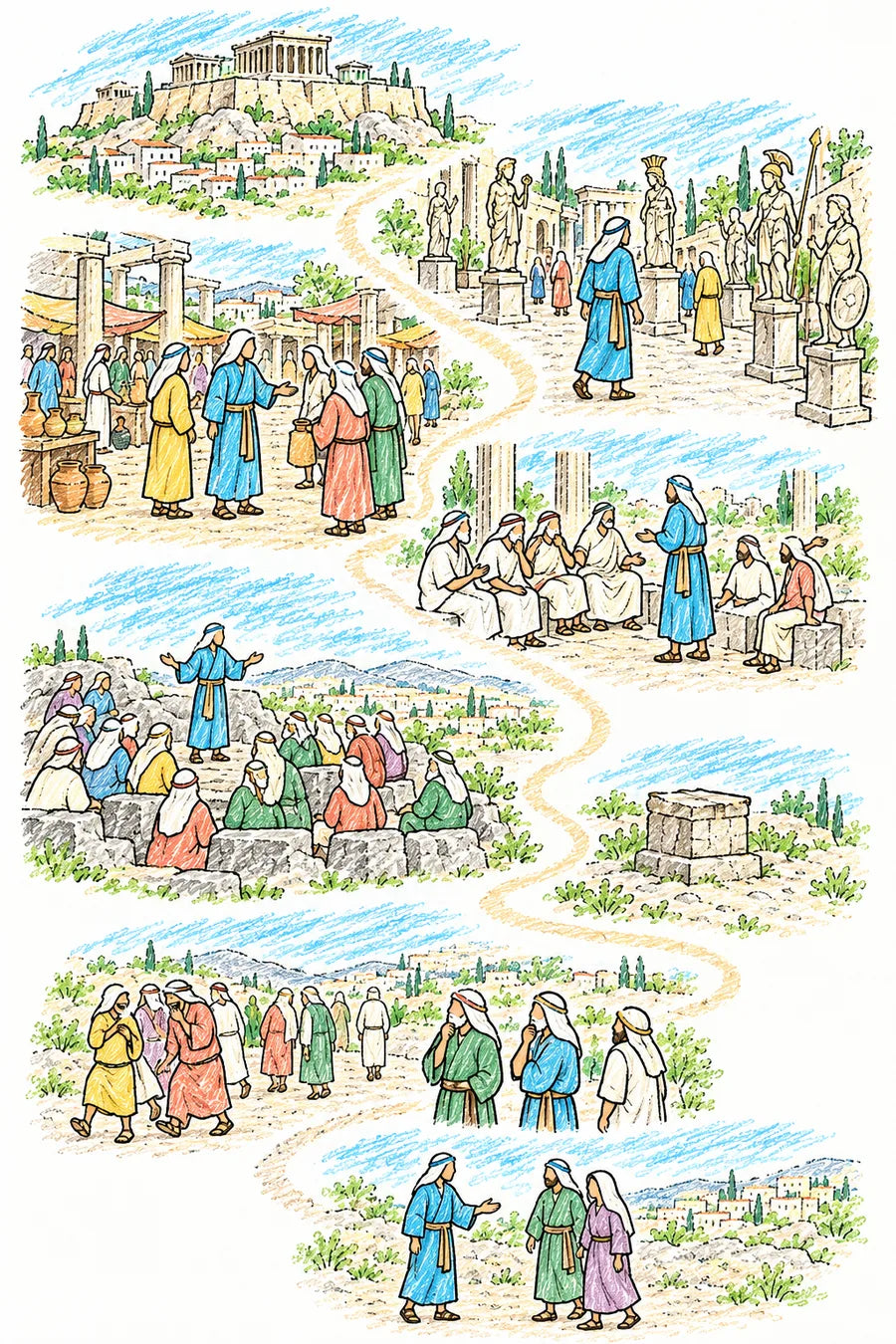 Hand-drawn doodle map of Athens: temples on the Acropolis, streets of statues, a marketplace with columns, philosophers debating, a council on Mars Hill, a plain altar, a crowd splitting, and a man and a woman joining Paul.