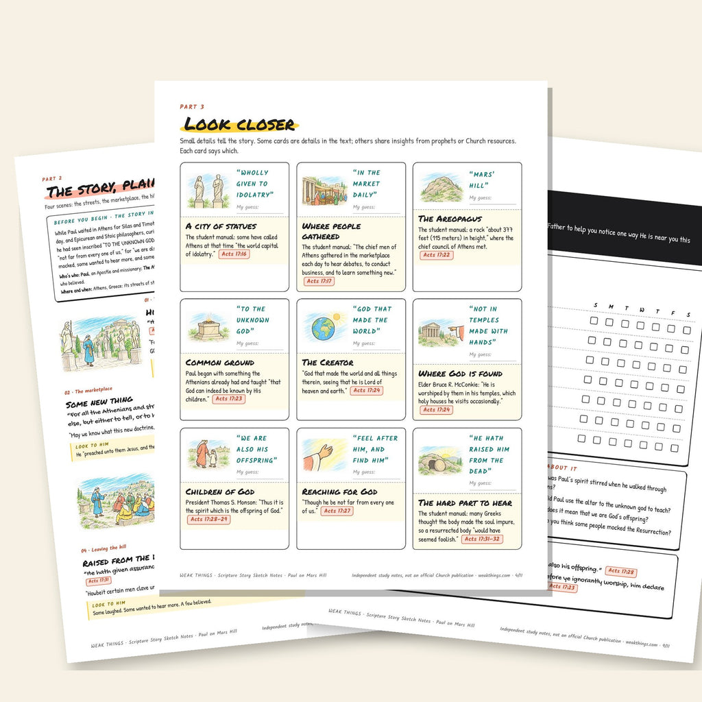 Three inside pages: the story, the detail cards and the seven-day tracker