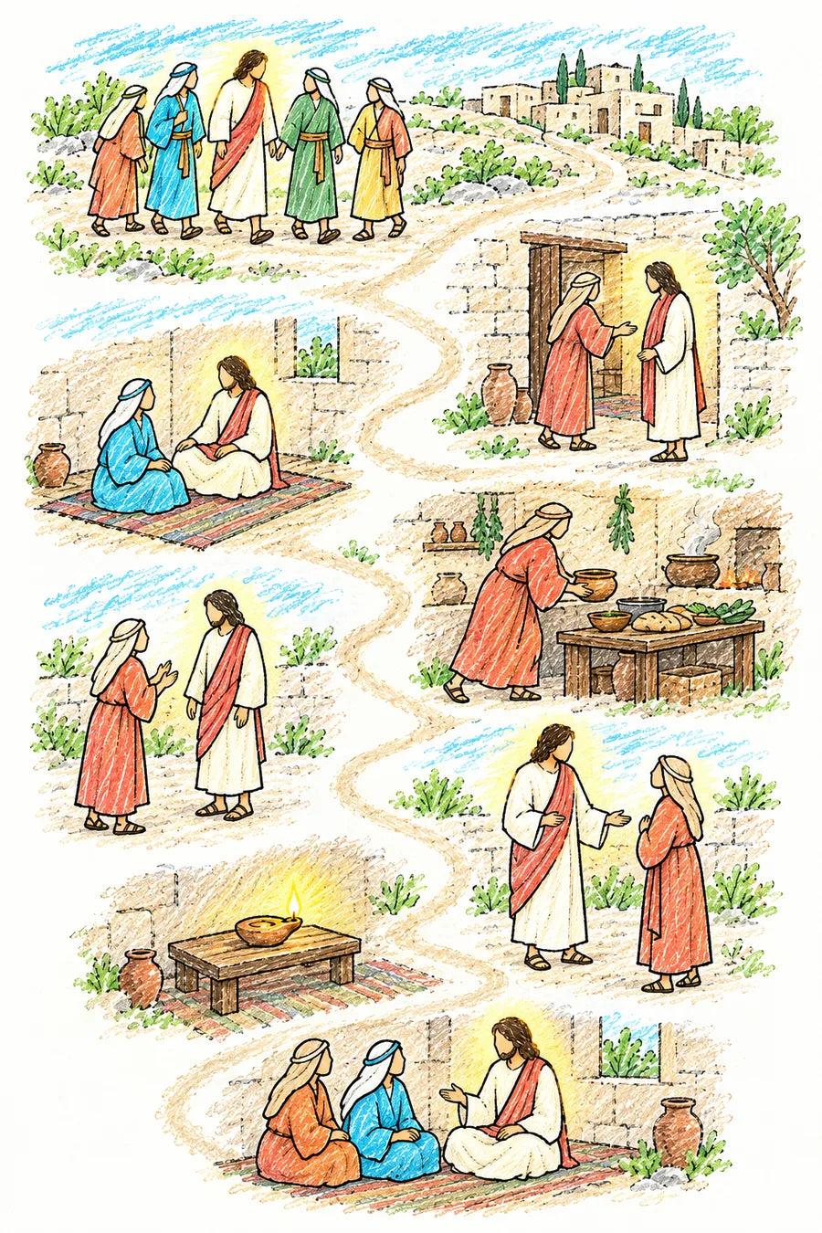 Hand-drawn doodle map of a winding path: Jesus and disciples walking into a hillside village, Martha welcoming Jesus at her door, Mary sitting on a mat listening to Jesus, Martha hurrying in a busy kitchen, Martha standing before Jesus with raised hands, Jesus speaking gently to Martha, a single glowing oil lamp, and both sisters sitting peacefully near Jesus.