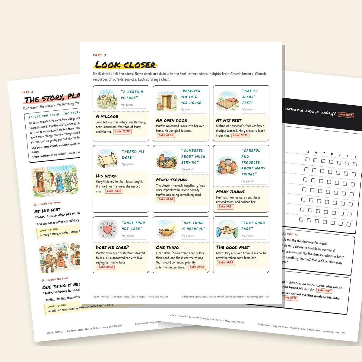 Three inside pages: the story, the detail cards and the seven-day tracker