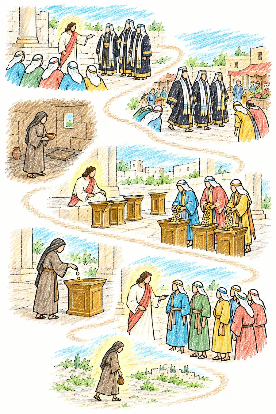Hand-drawn doodle map of a winding path through the temple courts: scribes in long robes being greeted, a widow’s small house, the gold treasury chest, rich people pouring in gold coins, a poor widow dropping in two small coins, Jesus gathering His disciples, a nearly empty basket and an empty purse, and a heart.