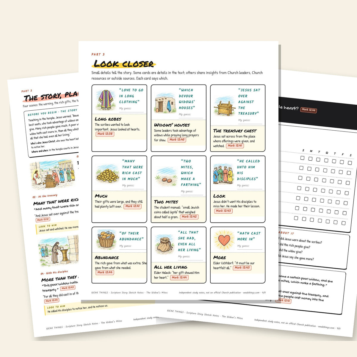 Three inside pages: the story, the detail cards and the seven-day tracker