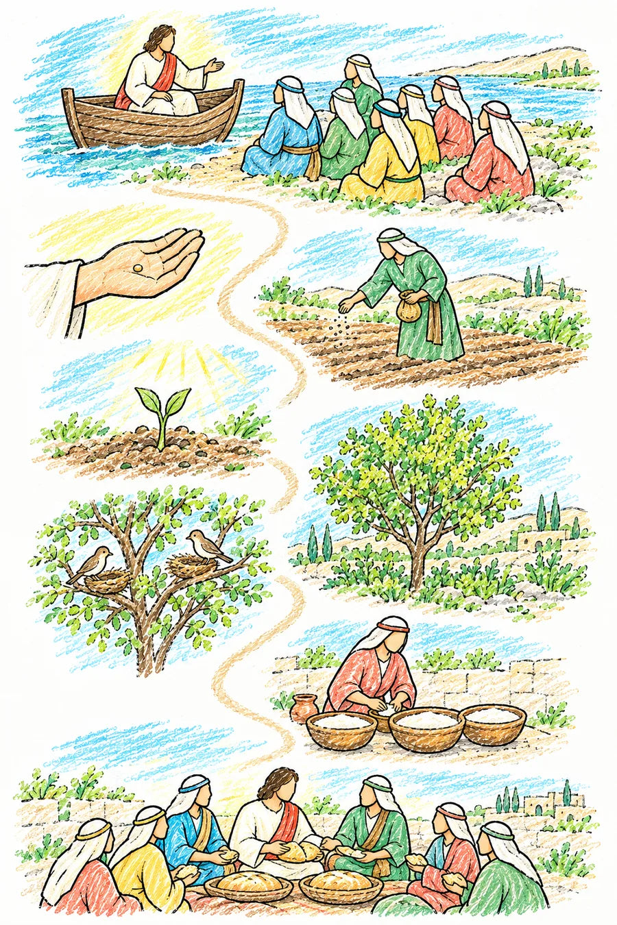 Hand-drawn doodle map of a winding path: Jesus teaching a crowd from a boat, a tiny seed resting in an open palm, a farmer planting in a plowed field, a small green sprout in sunshine, a tall leafy mustard tree, little birds nesting in its branches, a woman mixing a lump of leaven into three bowls of flour, and a family sharing big round loaves of bread with neighbors.