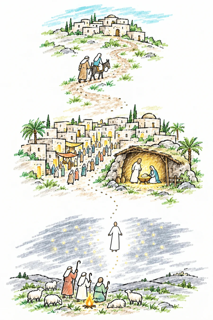 Hand-drawn doodle map of the first Christmas: Nazareth on a hill, a road with a man leading a donkey, the crowded town of Bethlehem, a cave stable with a glowing manger, and shepherds in the night fields under an angel and a sky full of lights.