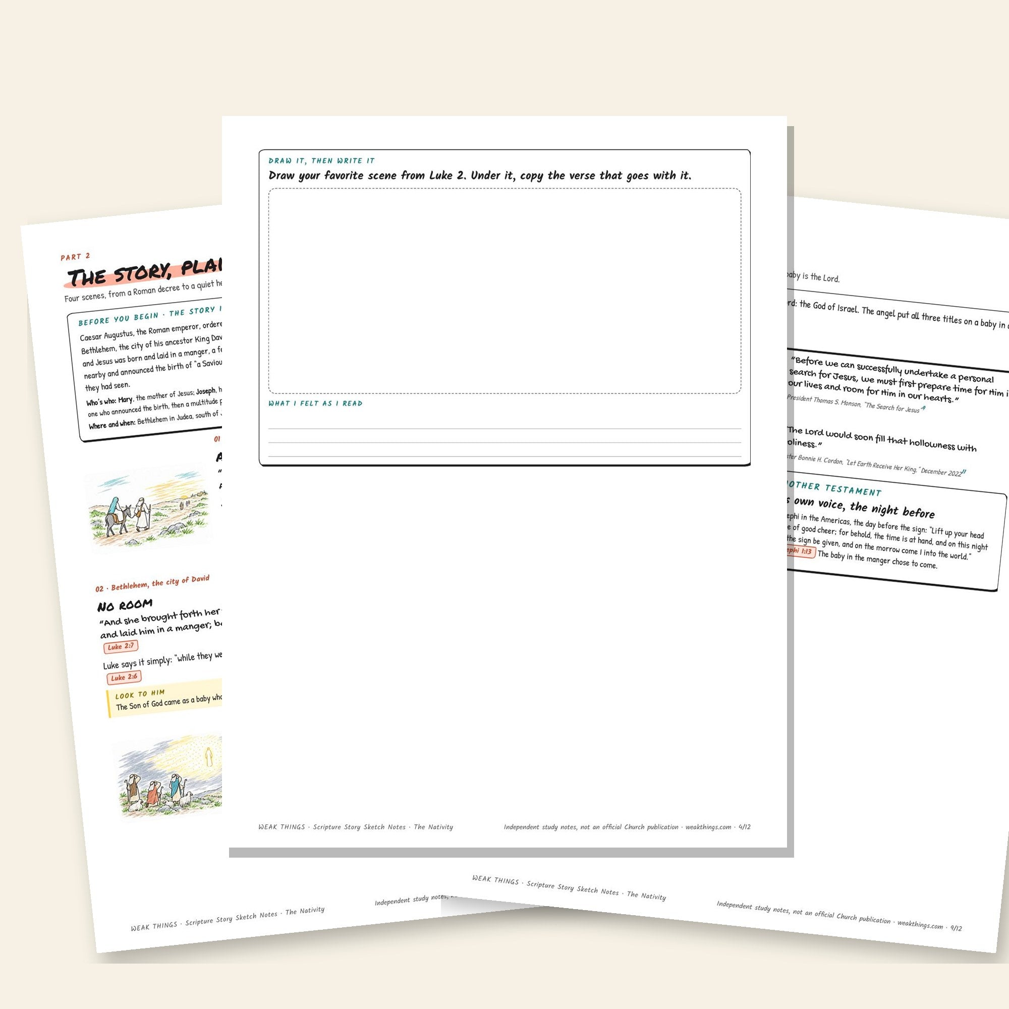 Inside pages of the The Nativity printable sketch notes