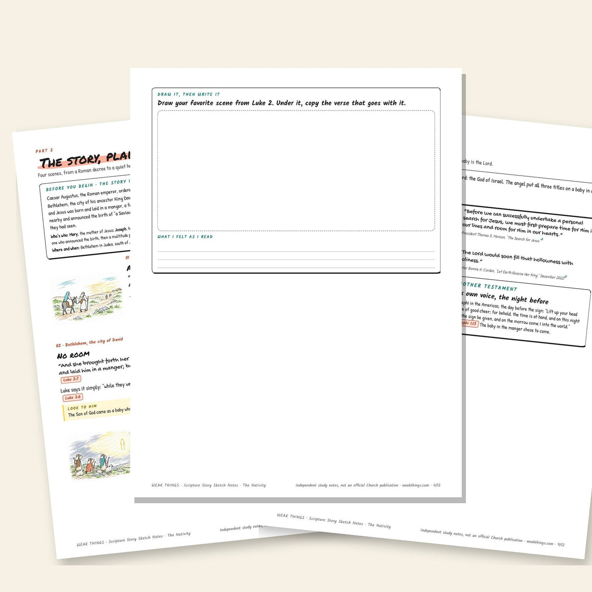 Three inside pages: the story, the detail cards and the seven-day tracker