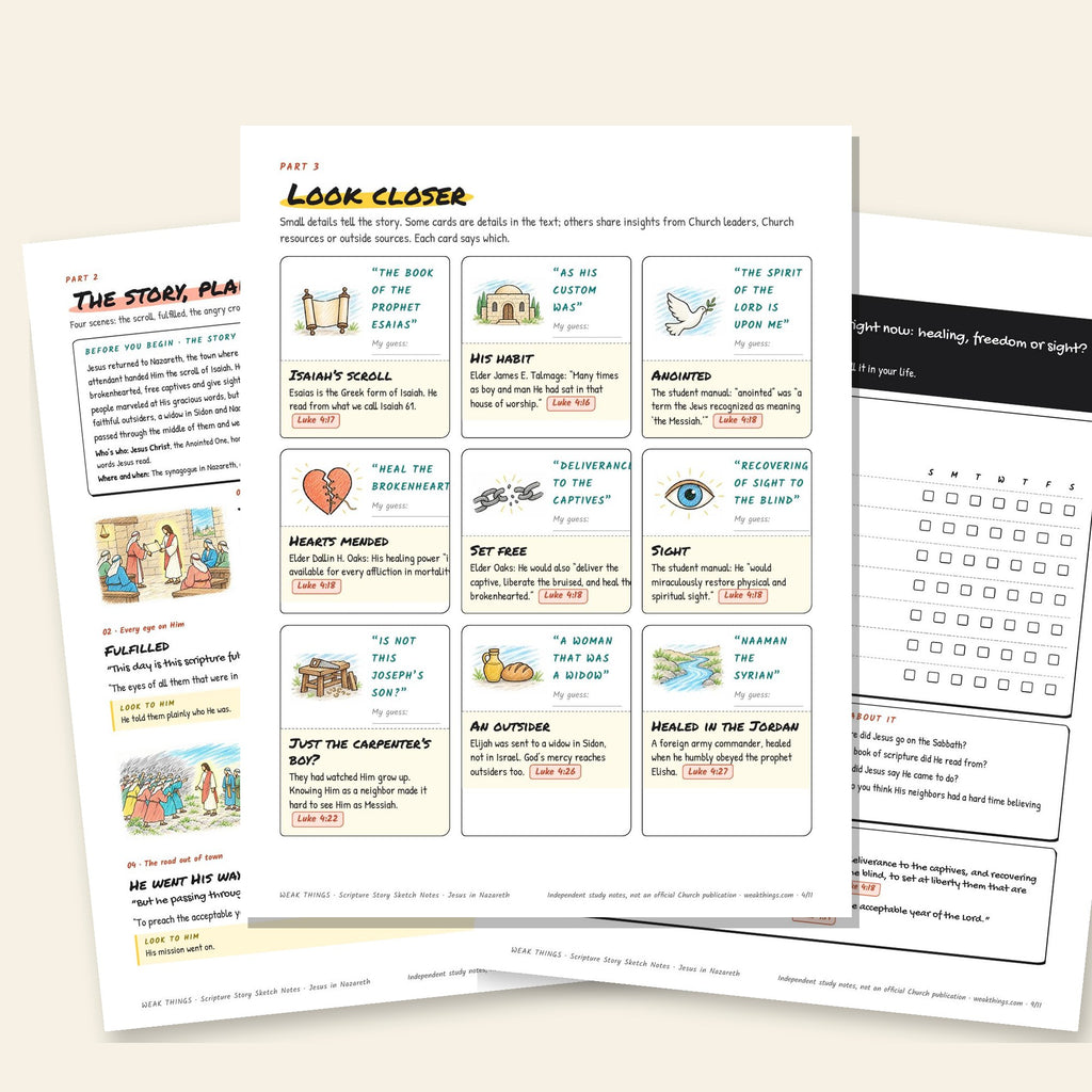 Three inside pages: the story, the detail cards and the seven-day tracker