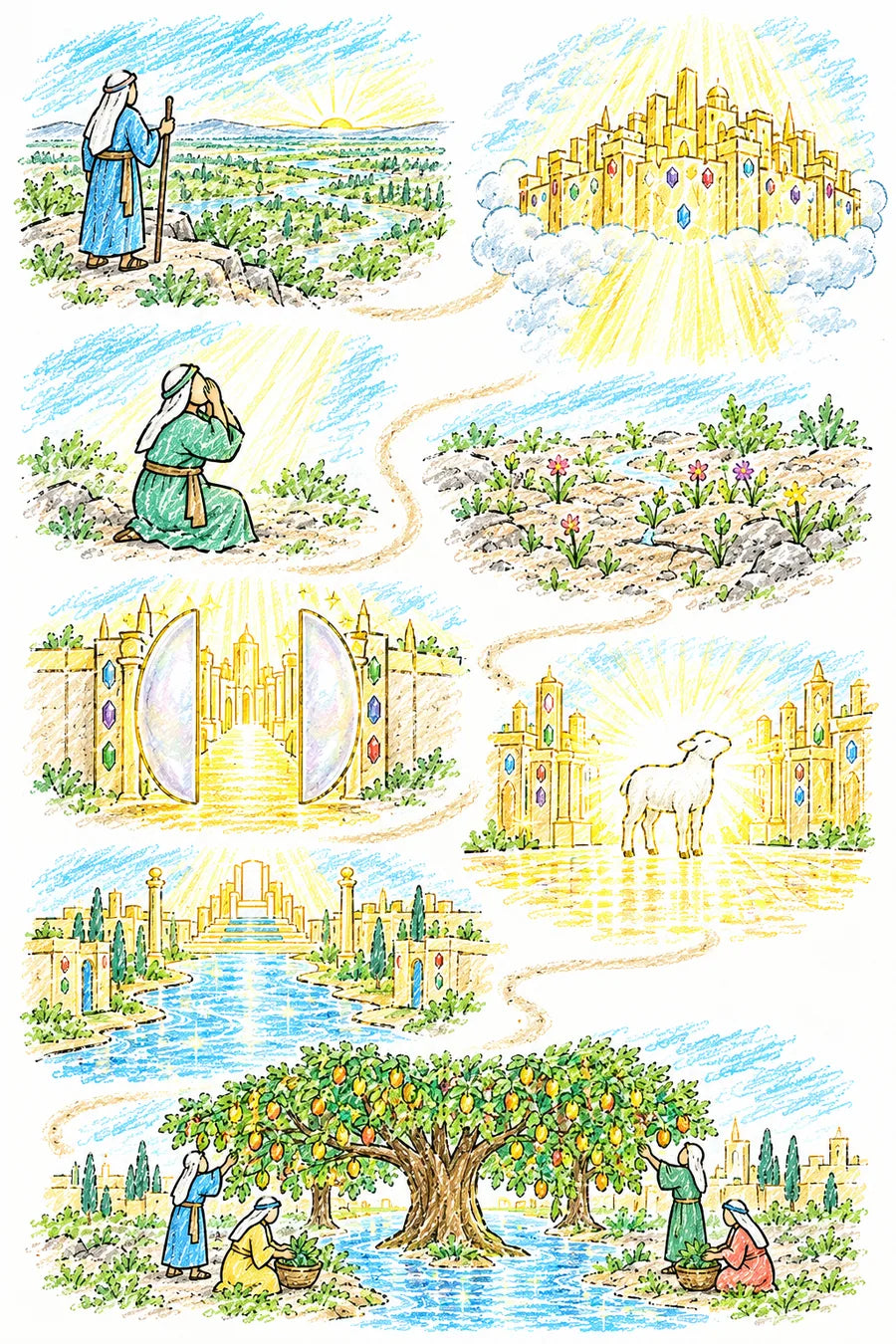 Hand-drawn doodle map of a winding path: John on a mountain looking over a fresh green earth, a golden city with jewel walls coming down out of the clouds, a person wiping away tears in warm light, a meadow of new flowers, open gates of pearl with a golden street, a white lamb shining between golden towers, a clear river flowing through the city, and the tree of life full of fruit with people gathering its leaves.