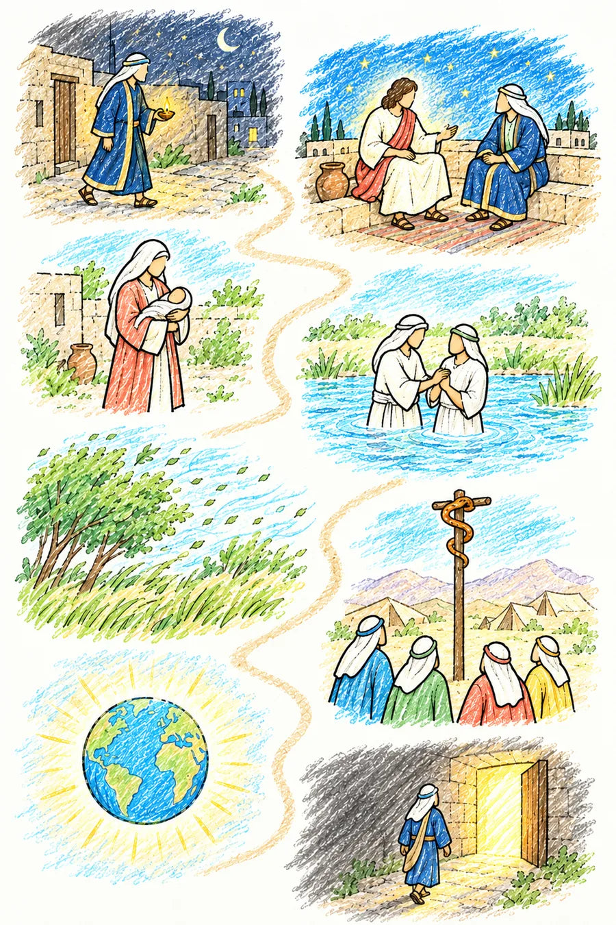 Hand-drawn doodle map of a winding path: Nicodemus walking at night with a lamp, Jesus and Nicodemus talking on a rooftop under the stars, a mother holding a newborn, a baptism in a river, wind blowing through trees and grass, the serpent on a pole above a desert camp, a glowing earth, and a person stepping toward a doorway of light.