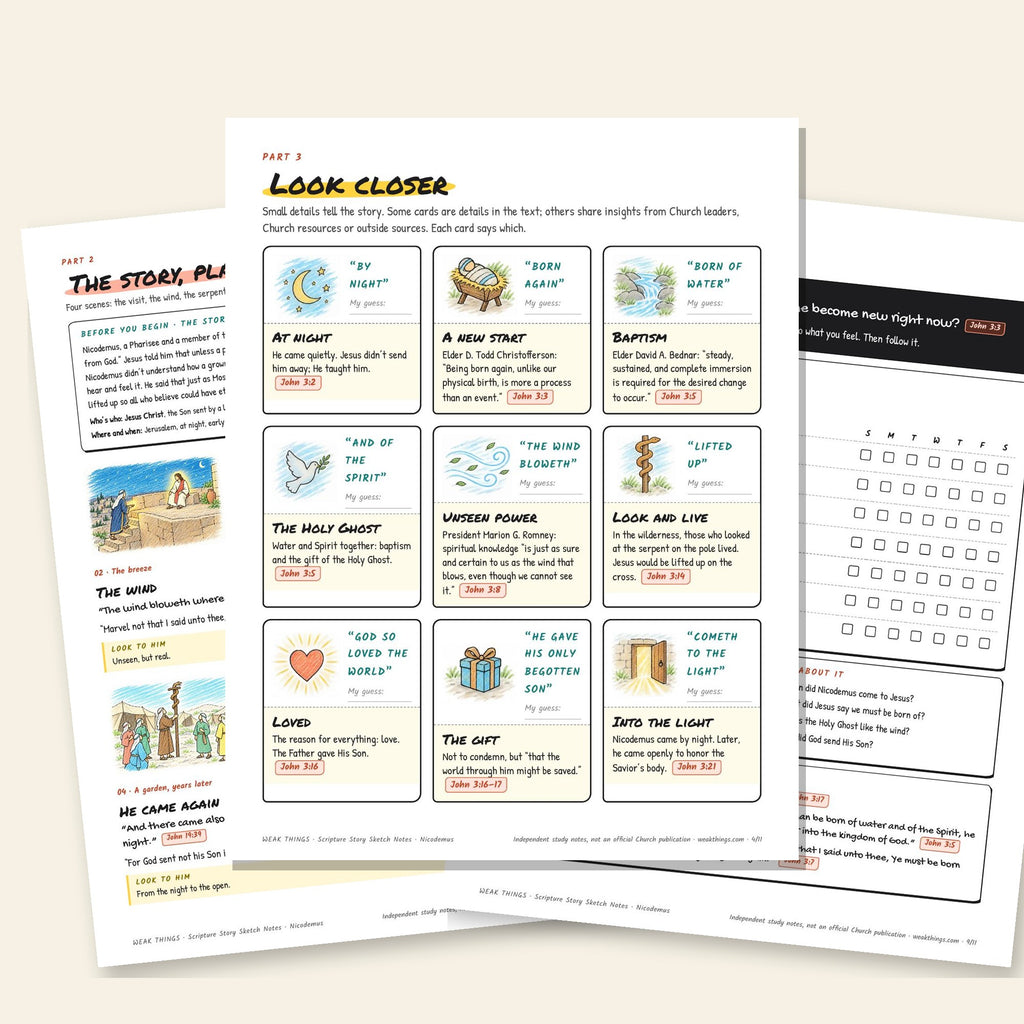 Three inside pages: the story, the detail cards and the seven-day tracker