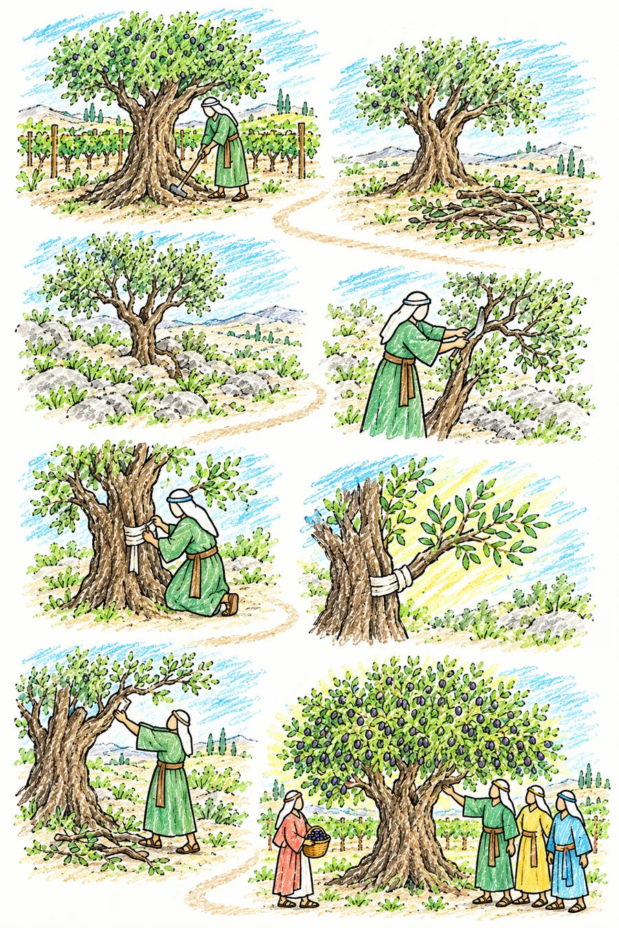 Hand-drawn doodle map of a vineyard: an old olive tree being tended, branches broken off on the ground, a wild olive tree on a rocky hill, a gardener cutting a wild branch, grafting it into the old trunk with cloth, the graft leafing out, a branch being lifted back, and the whole tree full of olives at harvest.