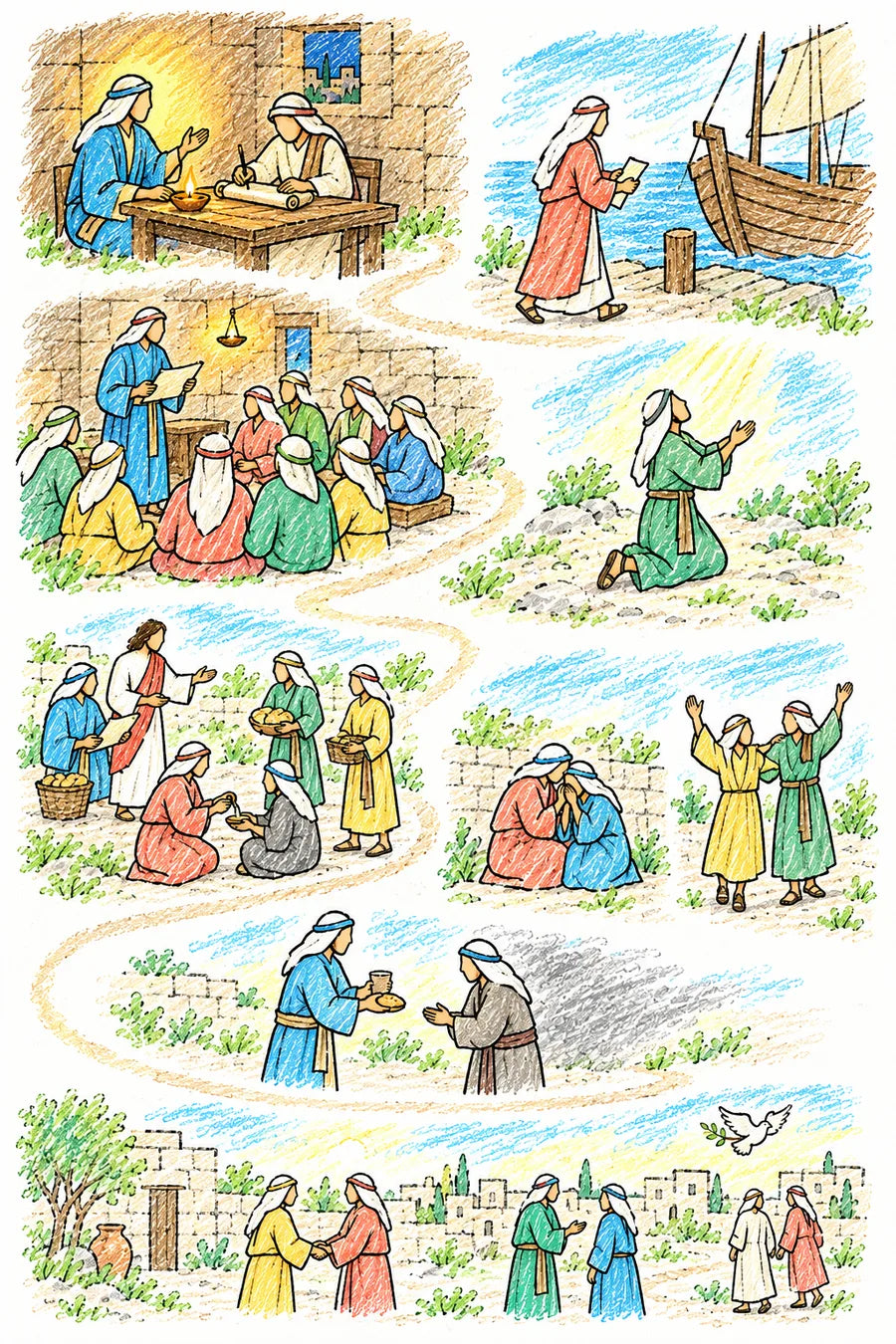 Hand-drawn doodle map following Paul’s letter: a scribe writing by lamplight in Corinth, a woman carrying the letter to a ship, a house church in Rome hearing it read, a person kneeling with open hands, Jesus among people sharing their gifts, neighbors weeping and rejoicing together, a person offering bread and water to an unkind neighbor, and a peaceful street with a dove.