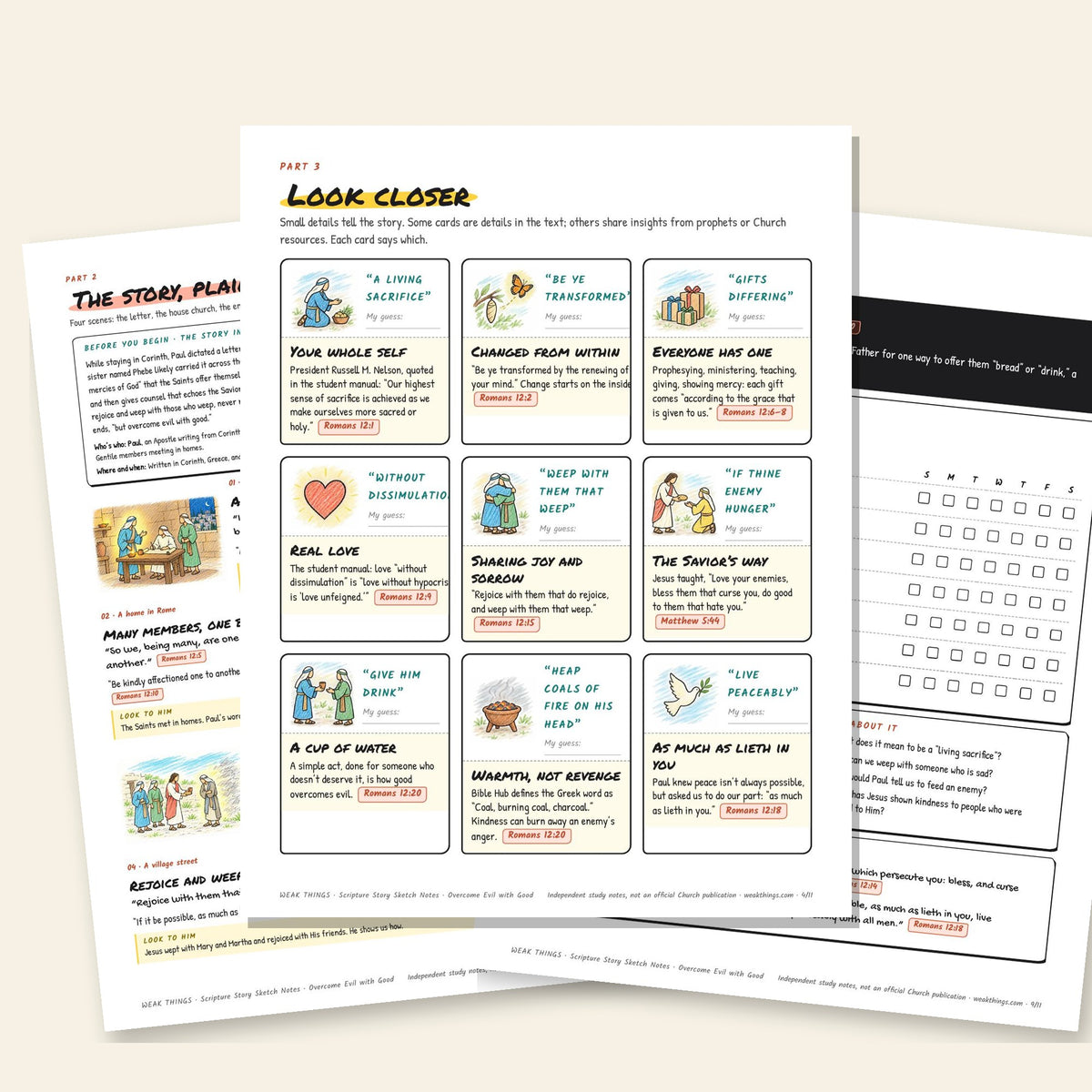Three inside pages: the story, the detail cards and the seven-day tracker