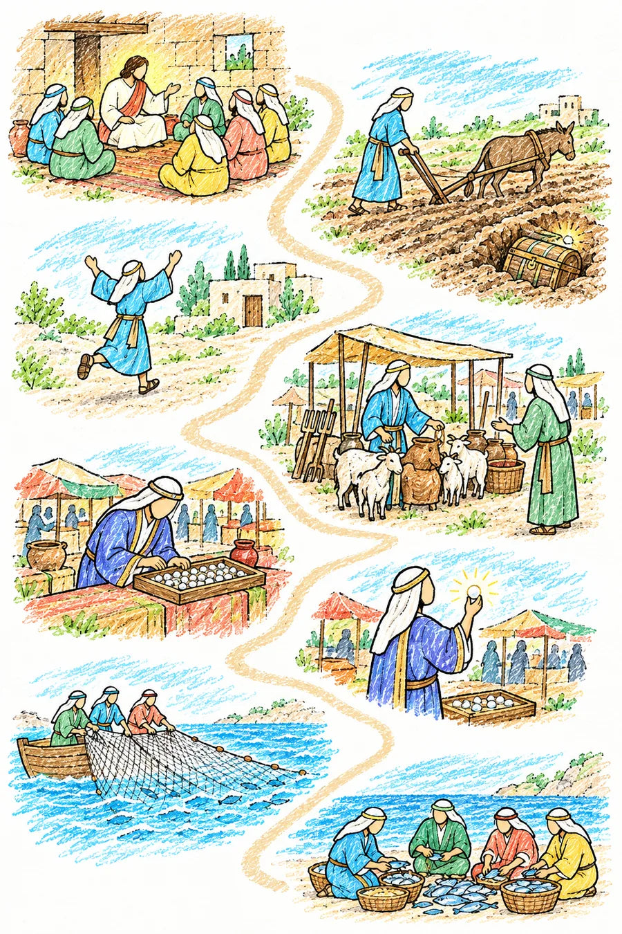Hand-drawn doodle map of a winding path: Jesus teaching disciples inside a simple house, a farmer plowing and uncovering a treasure chest, the farmer running home with arms raised, the farmer selling his goats, tools and pots at a market stall, a merchant studying a tray of pearls, the merchant holding up one large shining pearl, fishermen casting a wide net from a boat, and fishermen sorting fish into baskets on the beach.