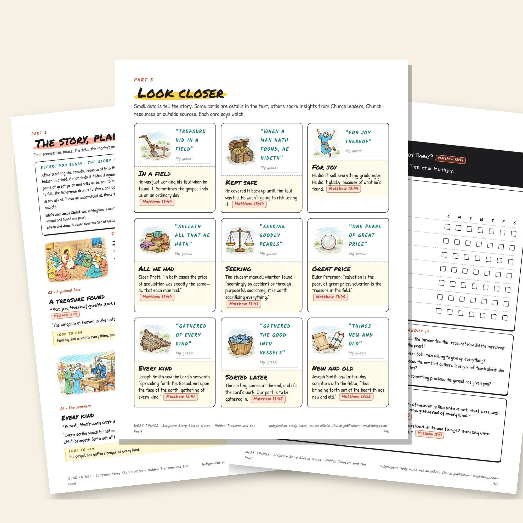 Inside pages of the Hidden Treasure, the Pearl of Great Price and the Net printable sketch notes