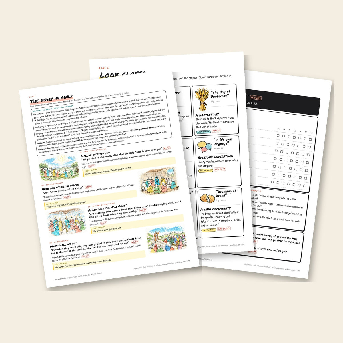Three inside pages: the story, the detail cards and the seven-day tracker