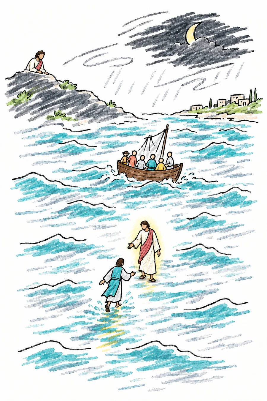 Hand-drawn doodle map of the Sea of Galilee at night: a small glowing figure praying on a dark hill, a crescent moon in storm clouds, a boat tossed on teal waves, a figure of light standing on the water, and Peter stepping toward Him.