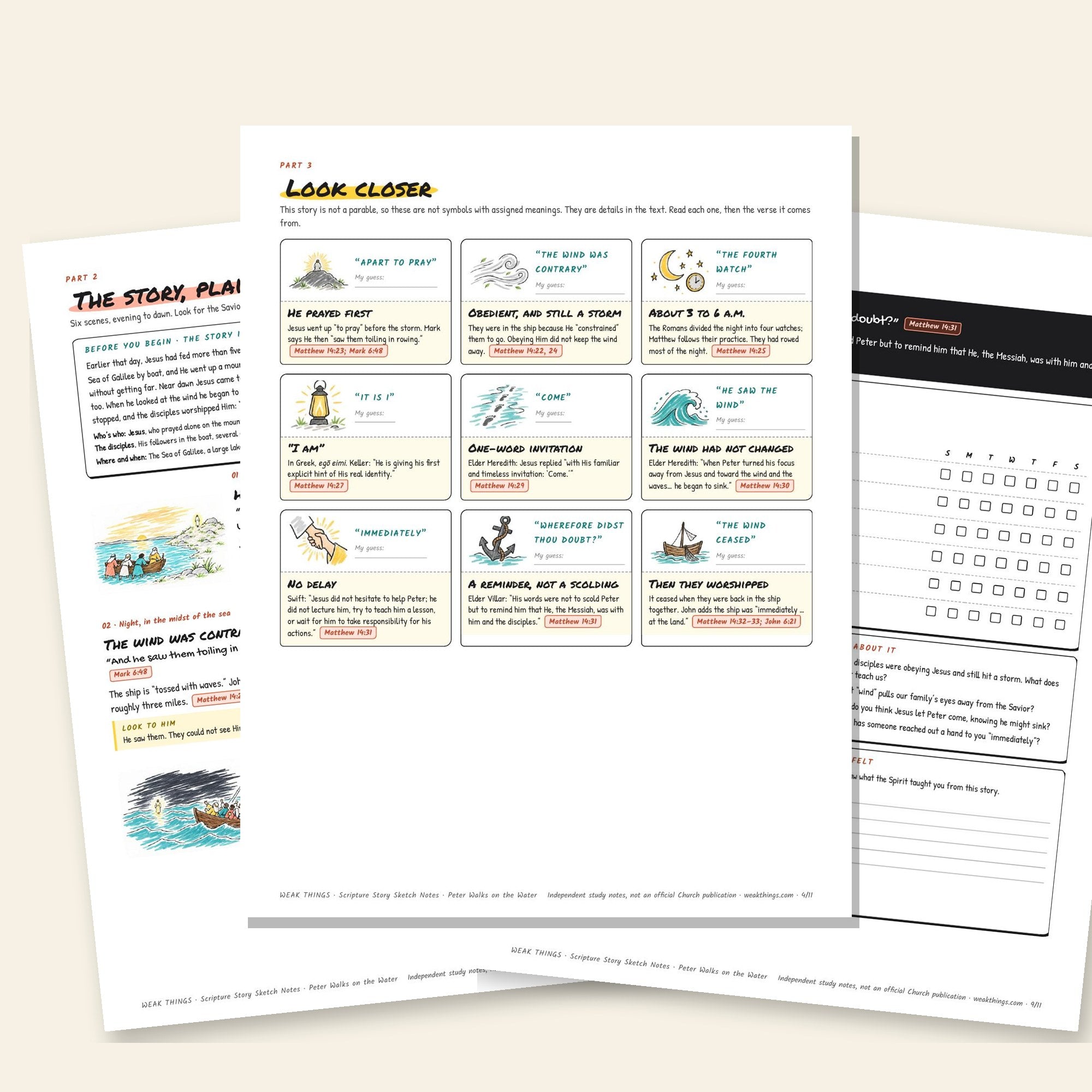 Inside pages of the Peter Walks on the Water printable sketch notes