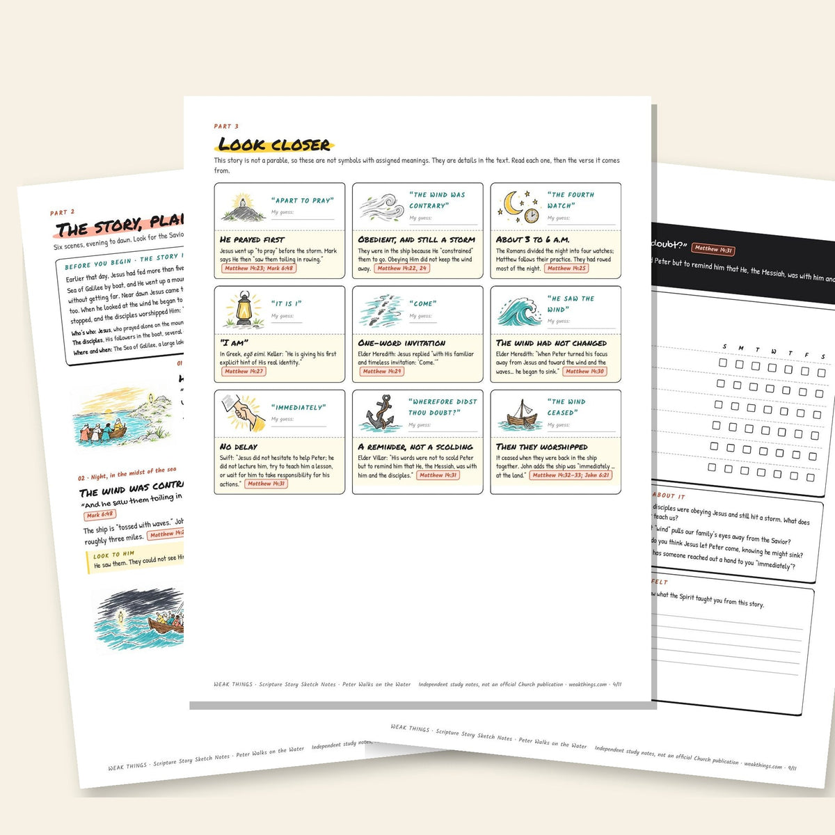 Three inside pages: the story, the four places to stand and the seven-day tracker
