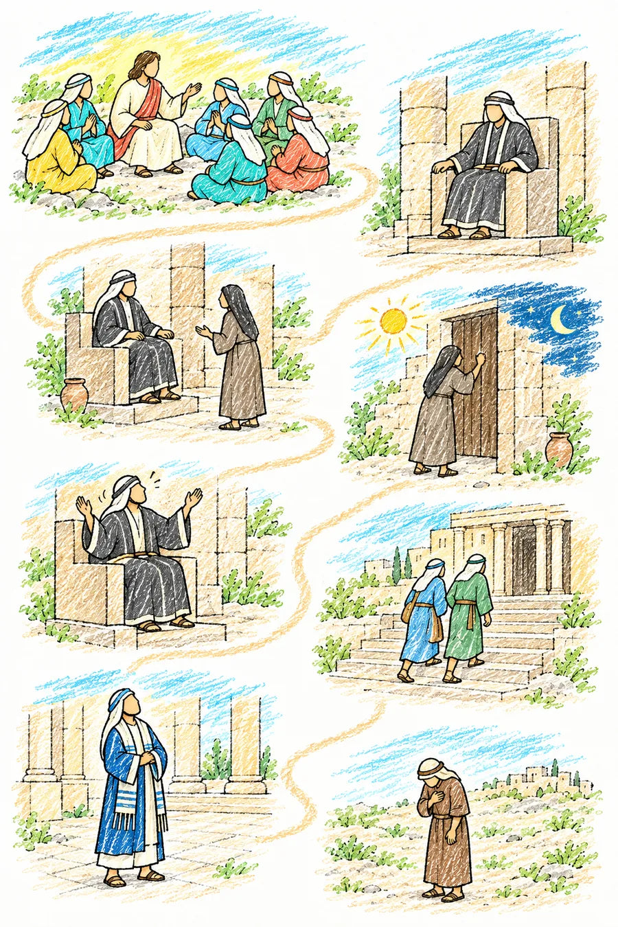 Hand-drawn doodle map of a winding path: Jesus teaching, a widow knocking at a judge’s door, a stern judge on a seat, a lamp burning through day and night, two men climbing the temple steps, the Pharisee standing tall and pointing, coins and a fasting bowl, and the publican far off with head bowed and hand on his chest.
