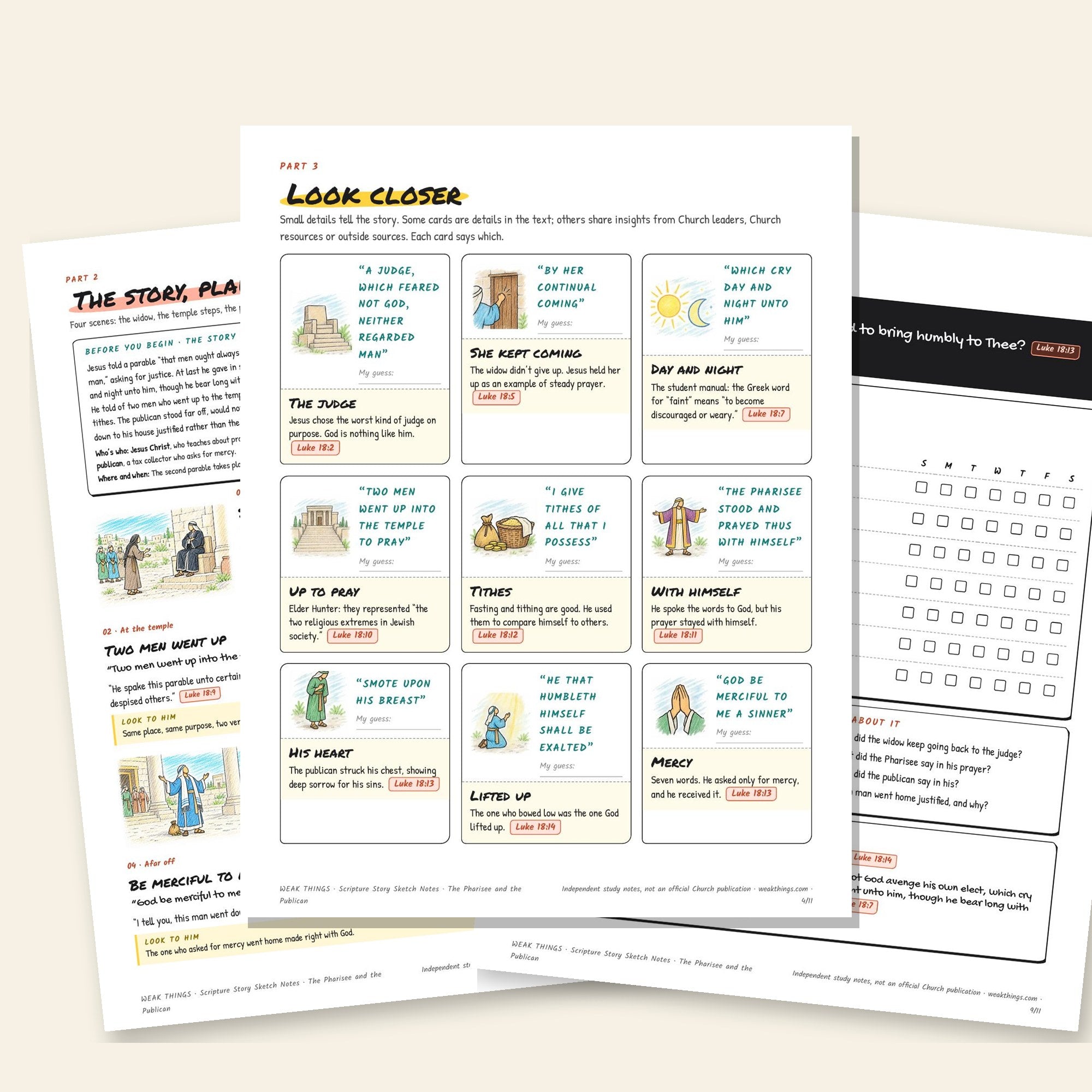 Inside pages of the The Pharisee and the Publican printable sketch notes