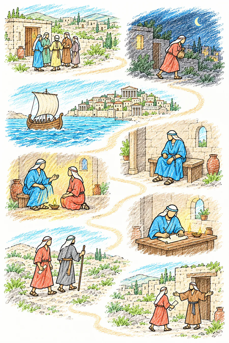 Hand-drawn doodle map: a house in a green valley where believers meet, a young man in coral slipping away at night, a road and a ship sailing toward Rome, an older man in blue with a light chain, the older man teaching the young man by lamplight, the older man writing a letter, two travelers walking the long road back, and the young man welcomed with open arms at the door.