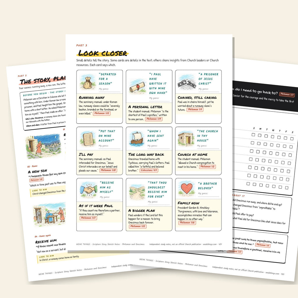 Three inside pages: the story, the detail cards and the seven-day tracker