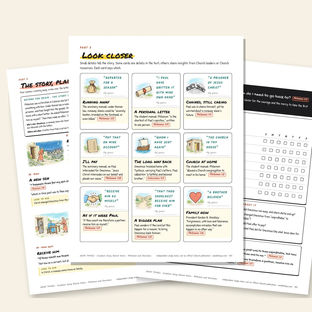 Three inside pages: the story, the detail cards and the seven-day tracker